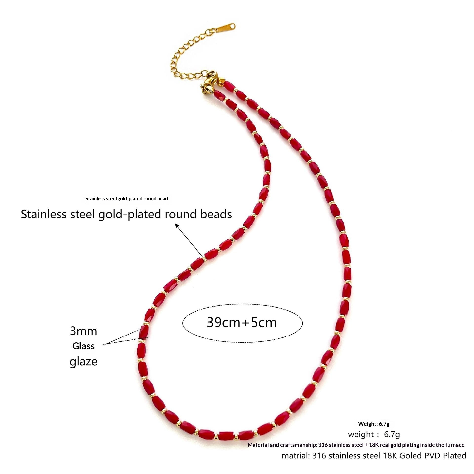 Stainless Steel Heart And Small Fish Enamel Red Bead Necklace