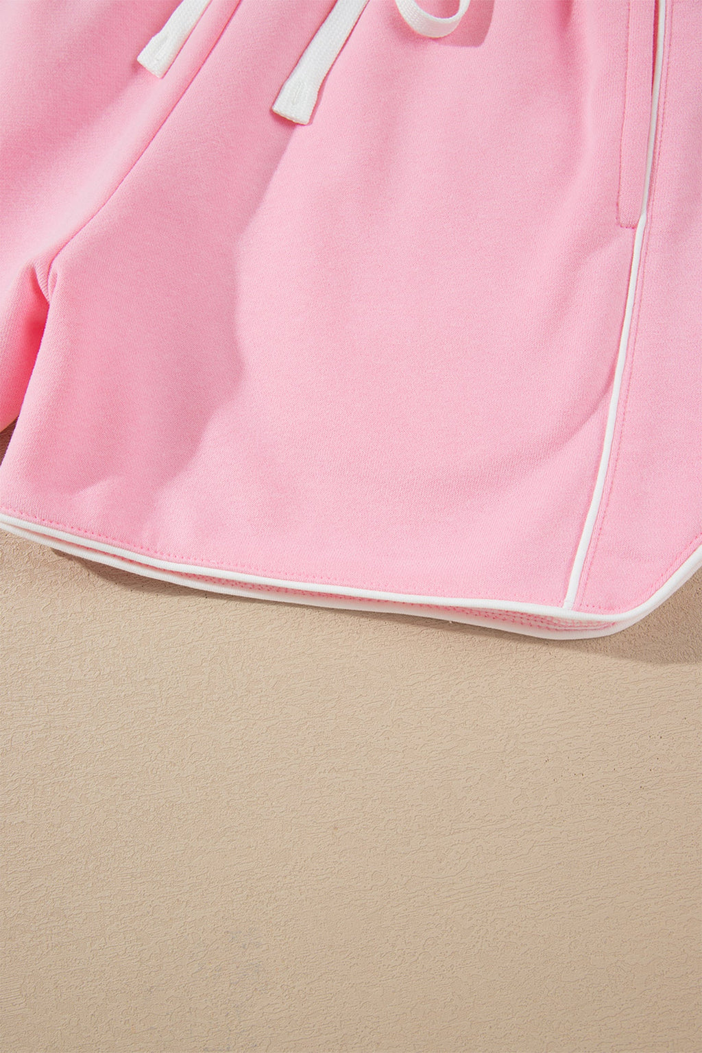 Pink Piping Trim Long Sporty Pullover Drawstring Elastic Waist Shorts Set