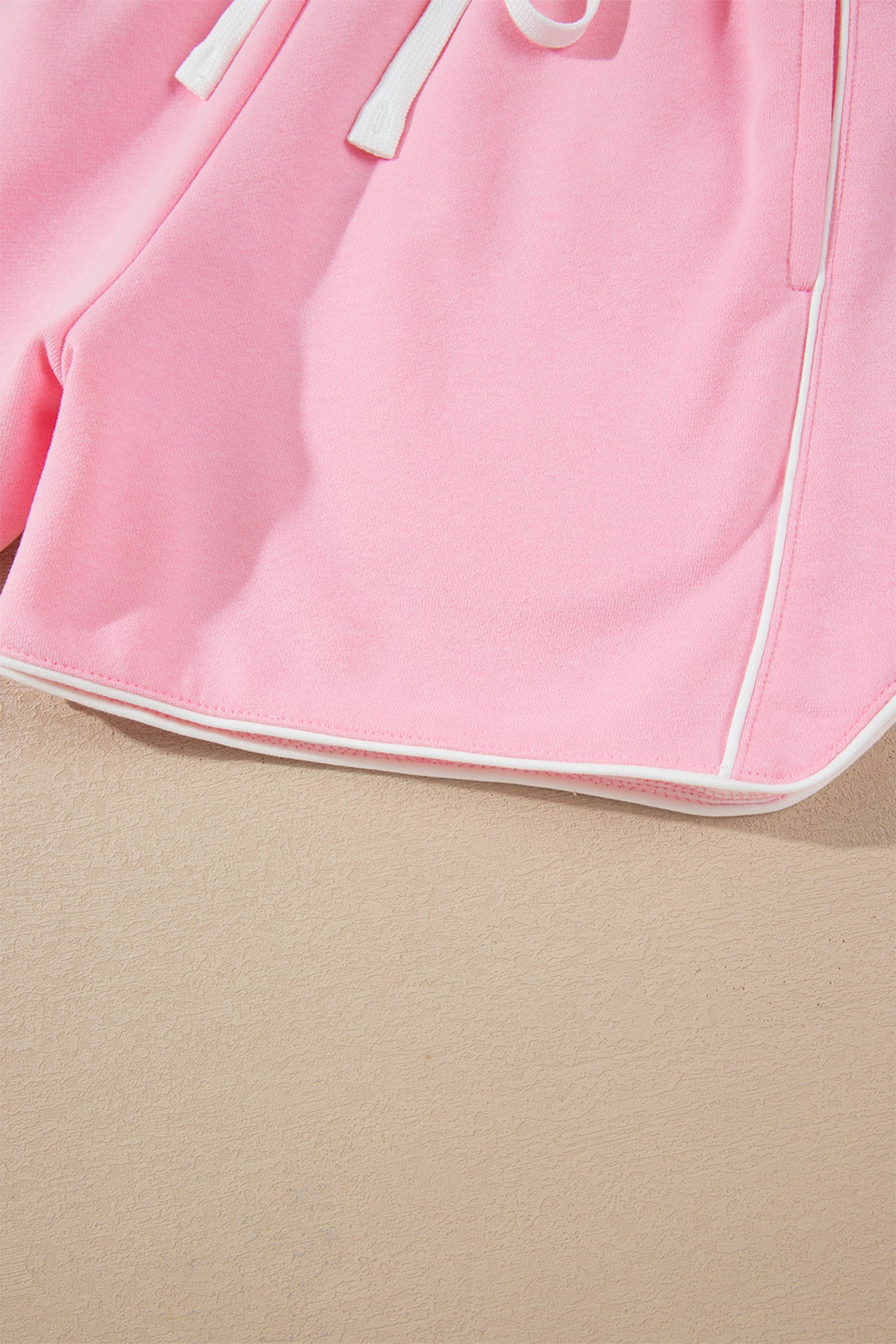 Pink Piping Trim Long Sporty Pullover Drawstring Elastic Waist Shorts Set