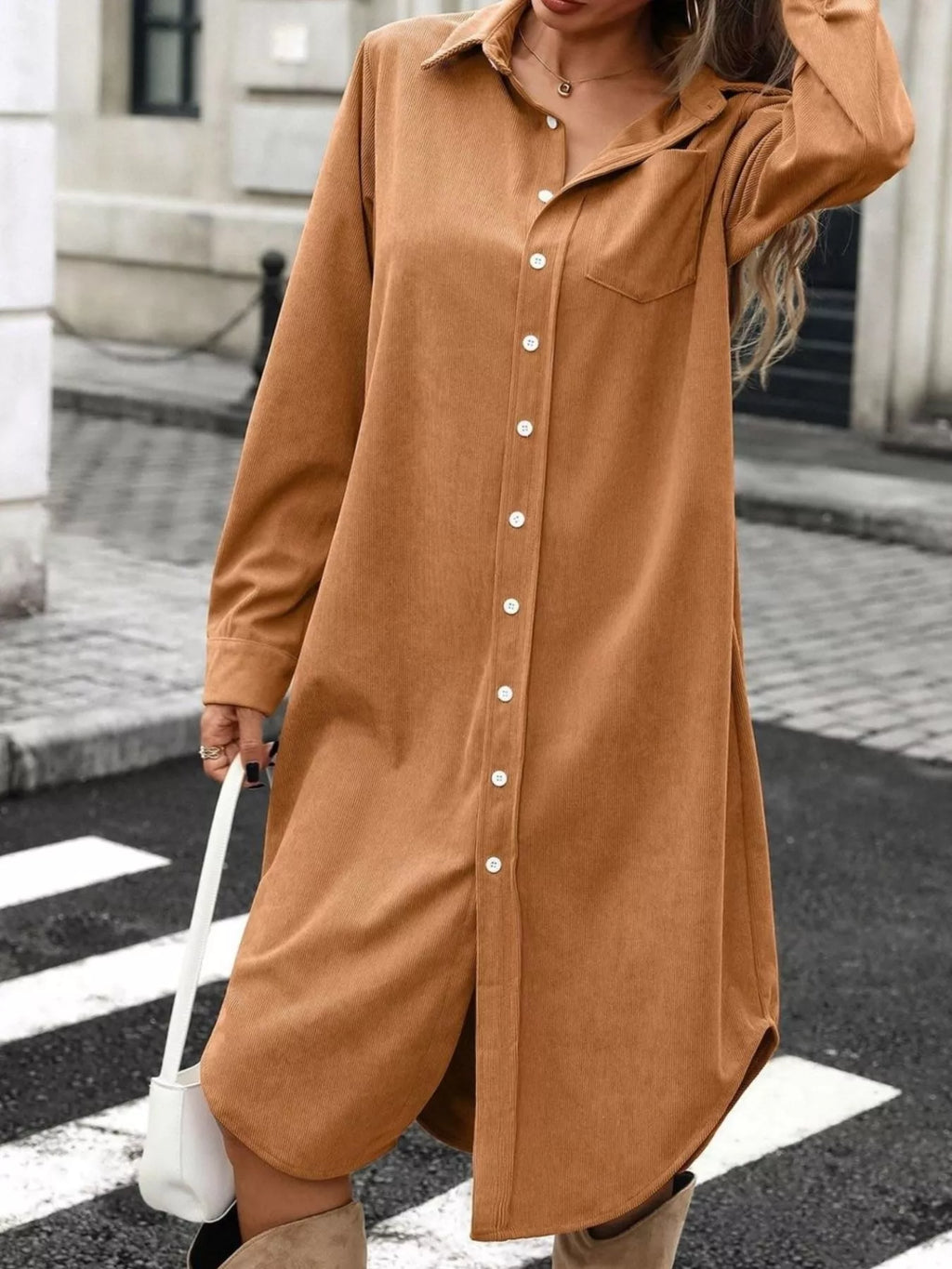 Corduroy Shirt Dress with Button-Down Front