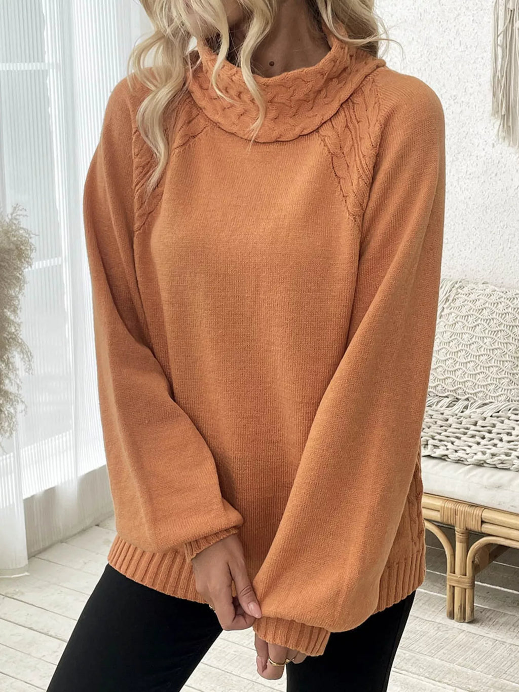Cable-Knit Turtleneck Long Sleeve Sweater