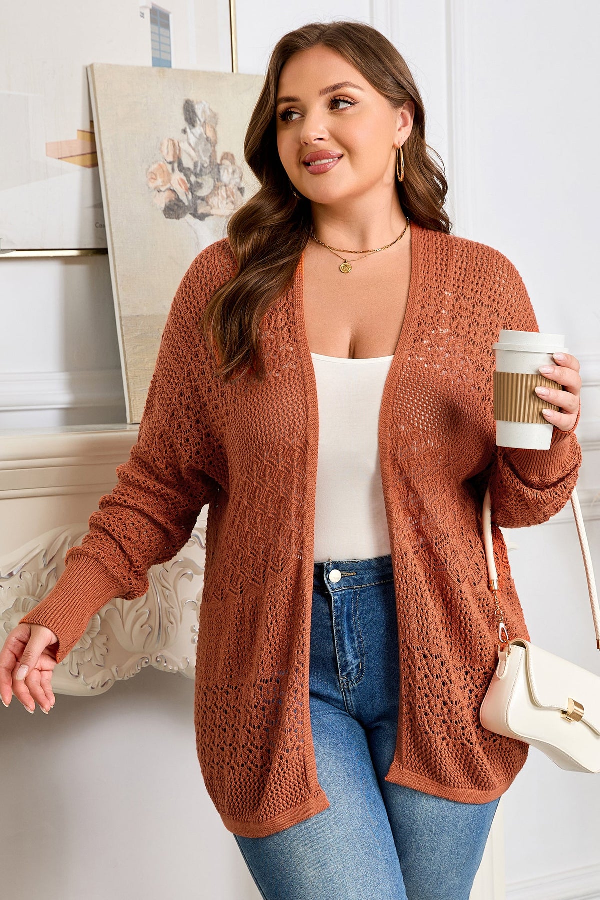 Plus Size Solid Pointelle Knit Open Front Cardigan