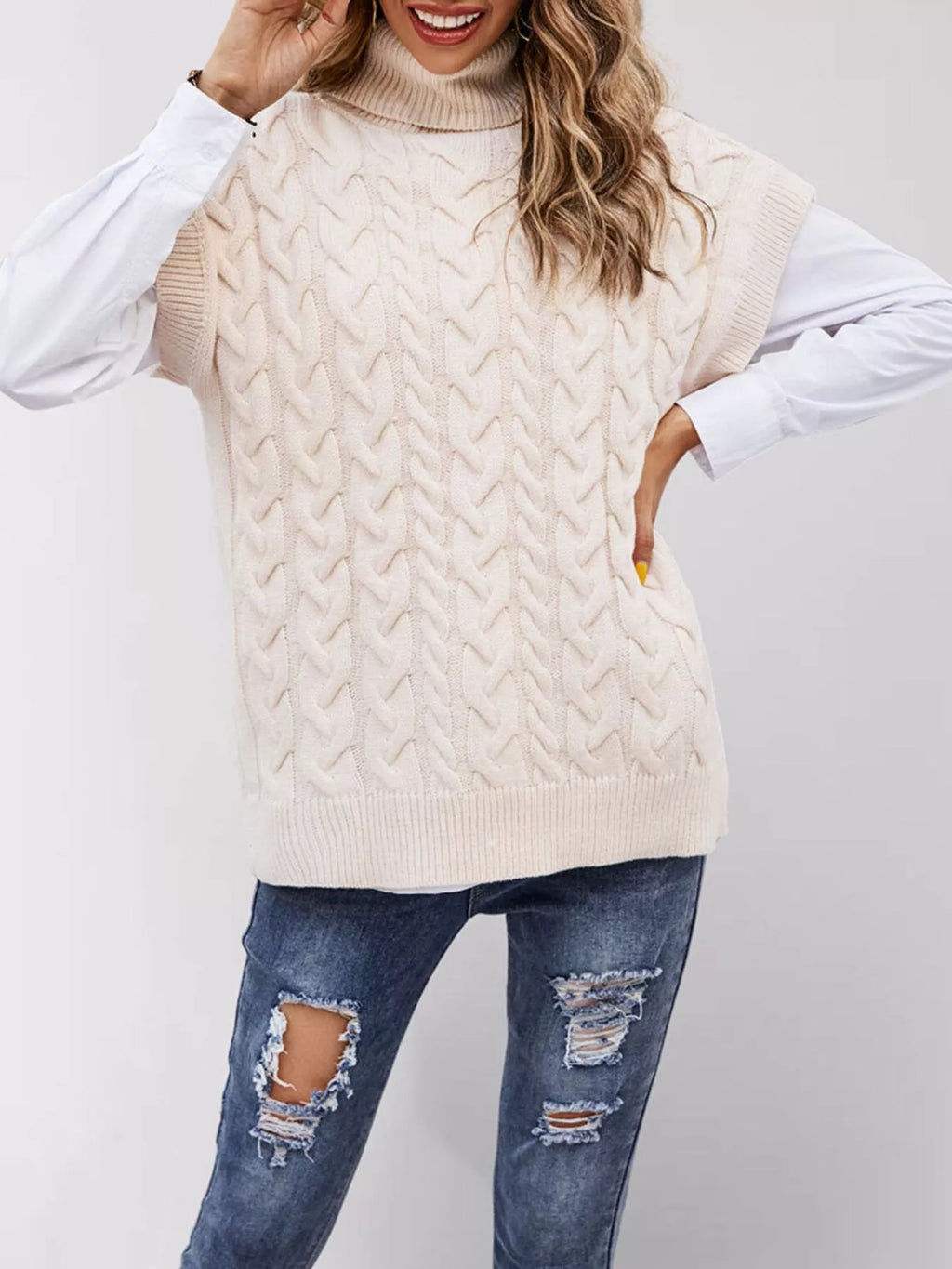 Chunky Knit Turtleneck Cap Sleeve Sweater