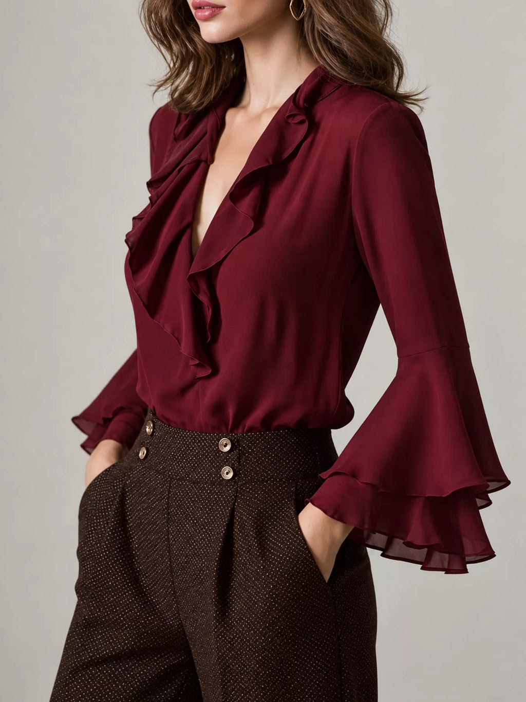 Ruffle-Trim V-Neck Blouse with Bell Sleeves