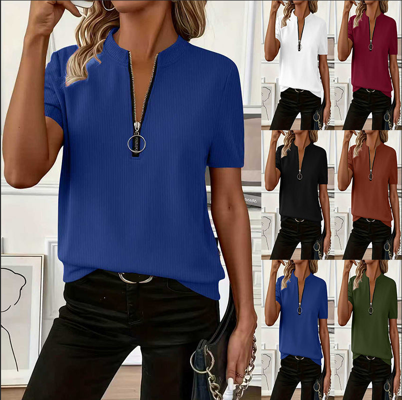 Ribbed Solid-color Fabric T-shirt With Zippered Sleeves