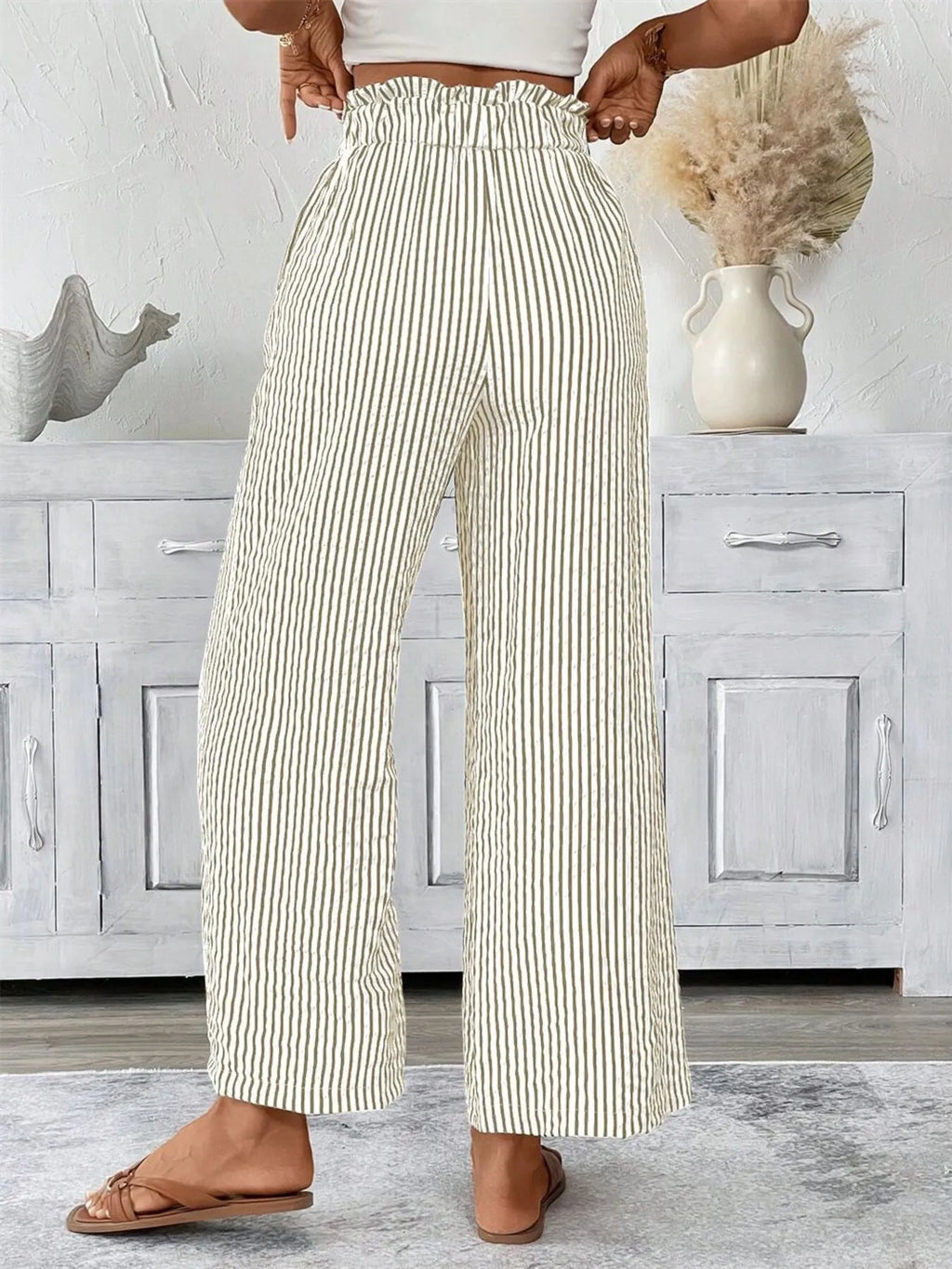 Full Size Striped Wide Leg Paper Bag Pants Plus Size