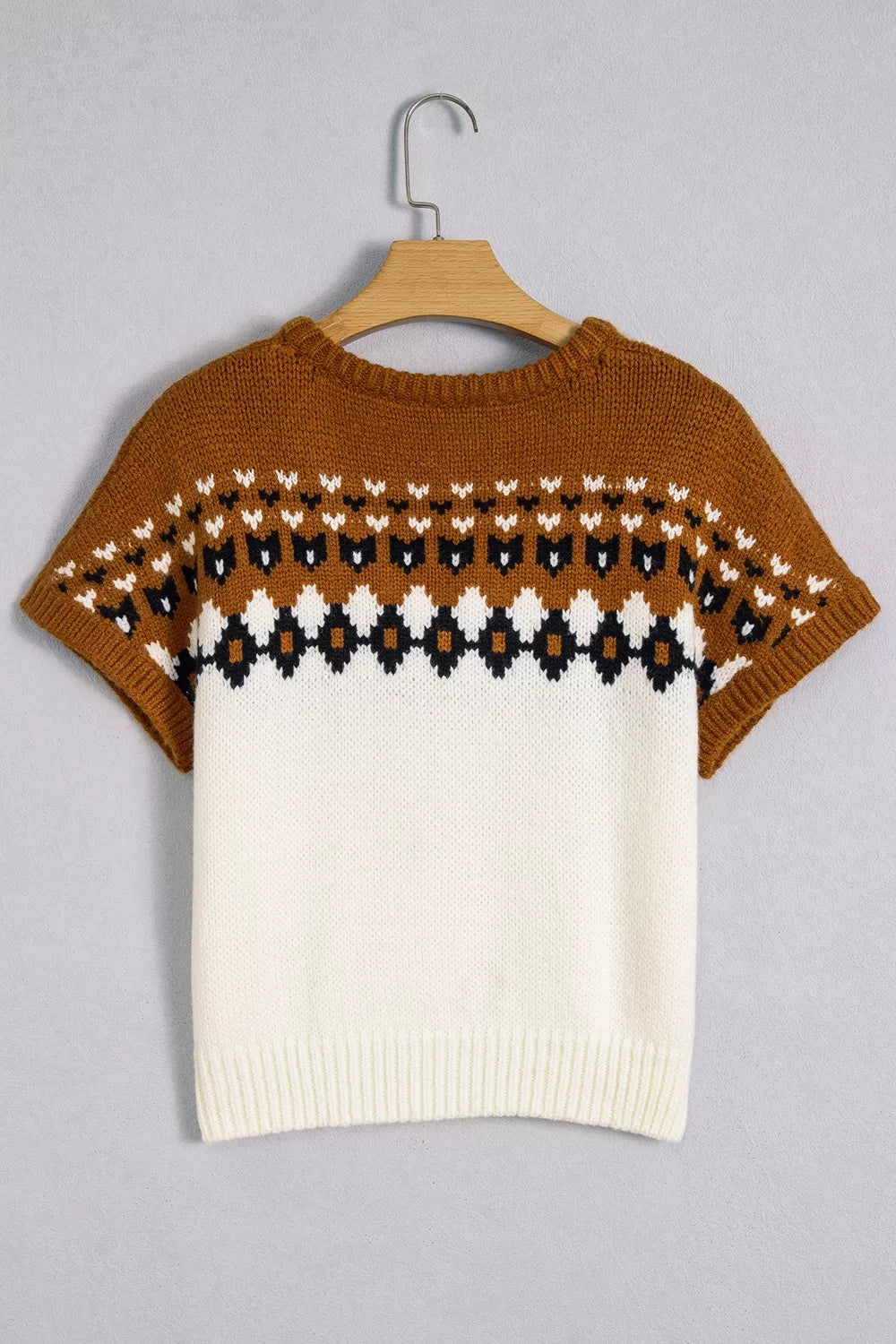 V Neck Short Sleeve Geometric Sweater