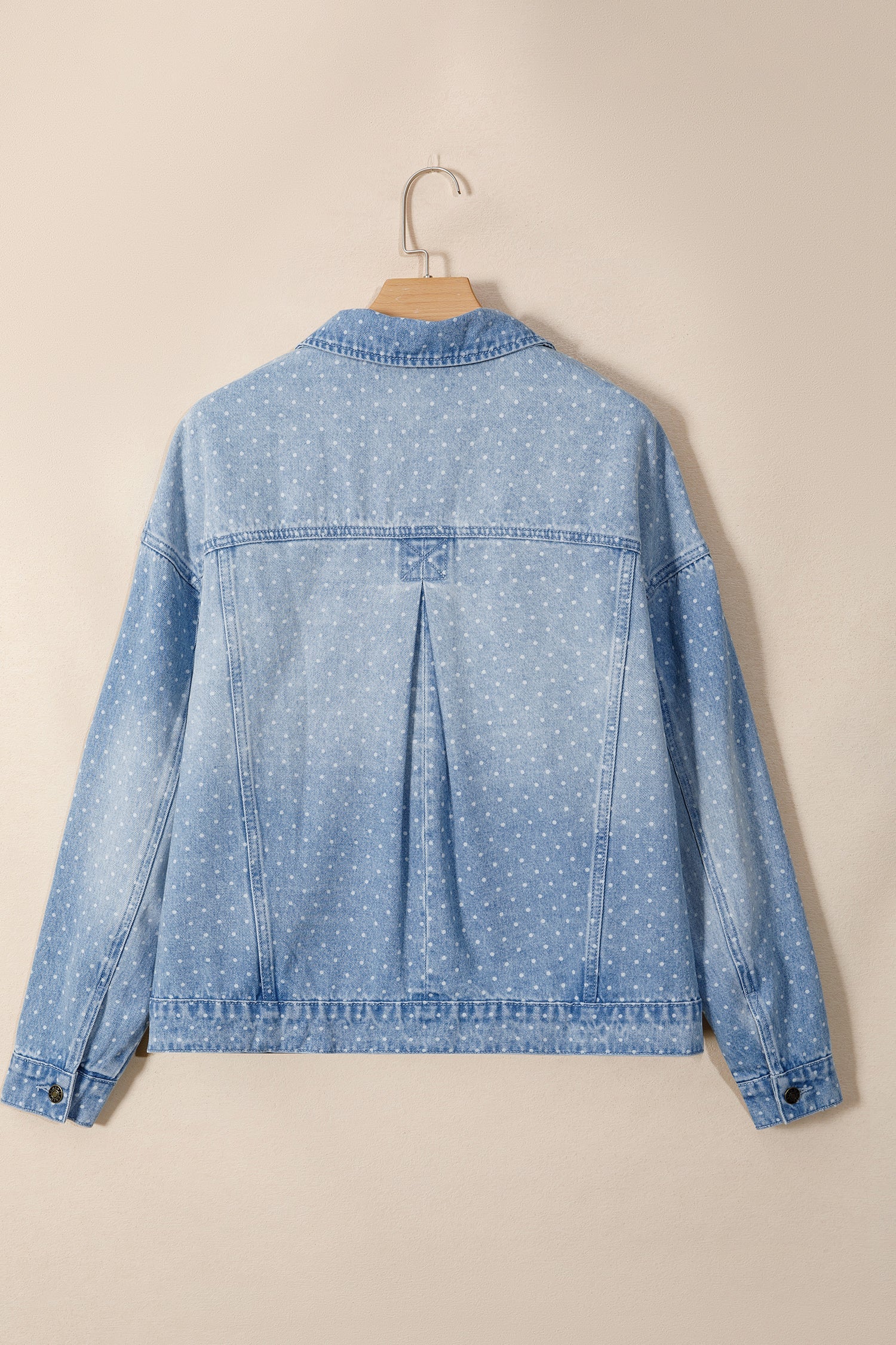 Sky Blue Polka Dot Long Sleeve Collar Pocket Casual Shift Silhouette Denim Jacket