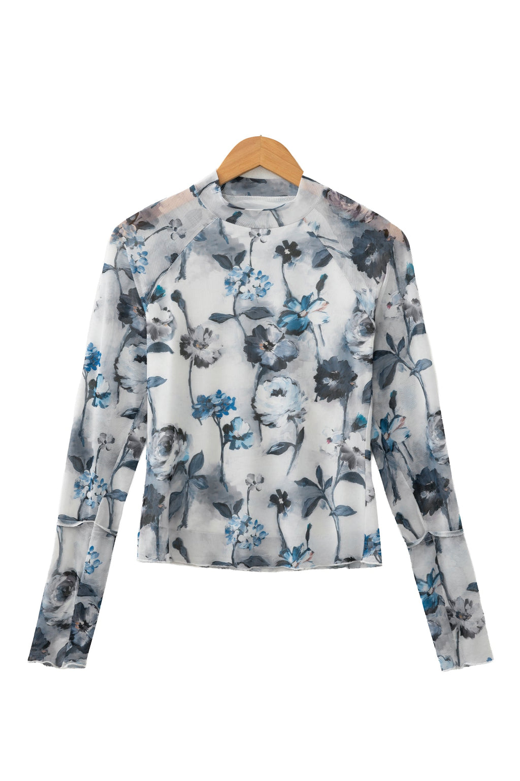 Sky Blue Floral Mesh High Neck Long Sleeve Sheath Top