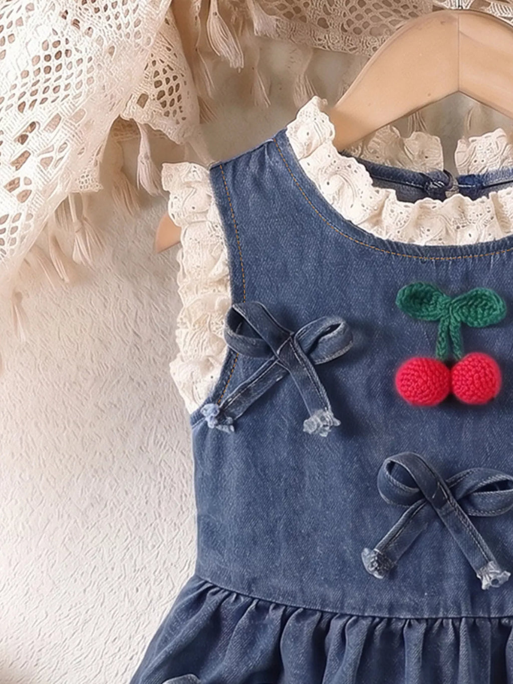 Children's Denim Cherry Applique Dress with Lace Trim