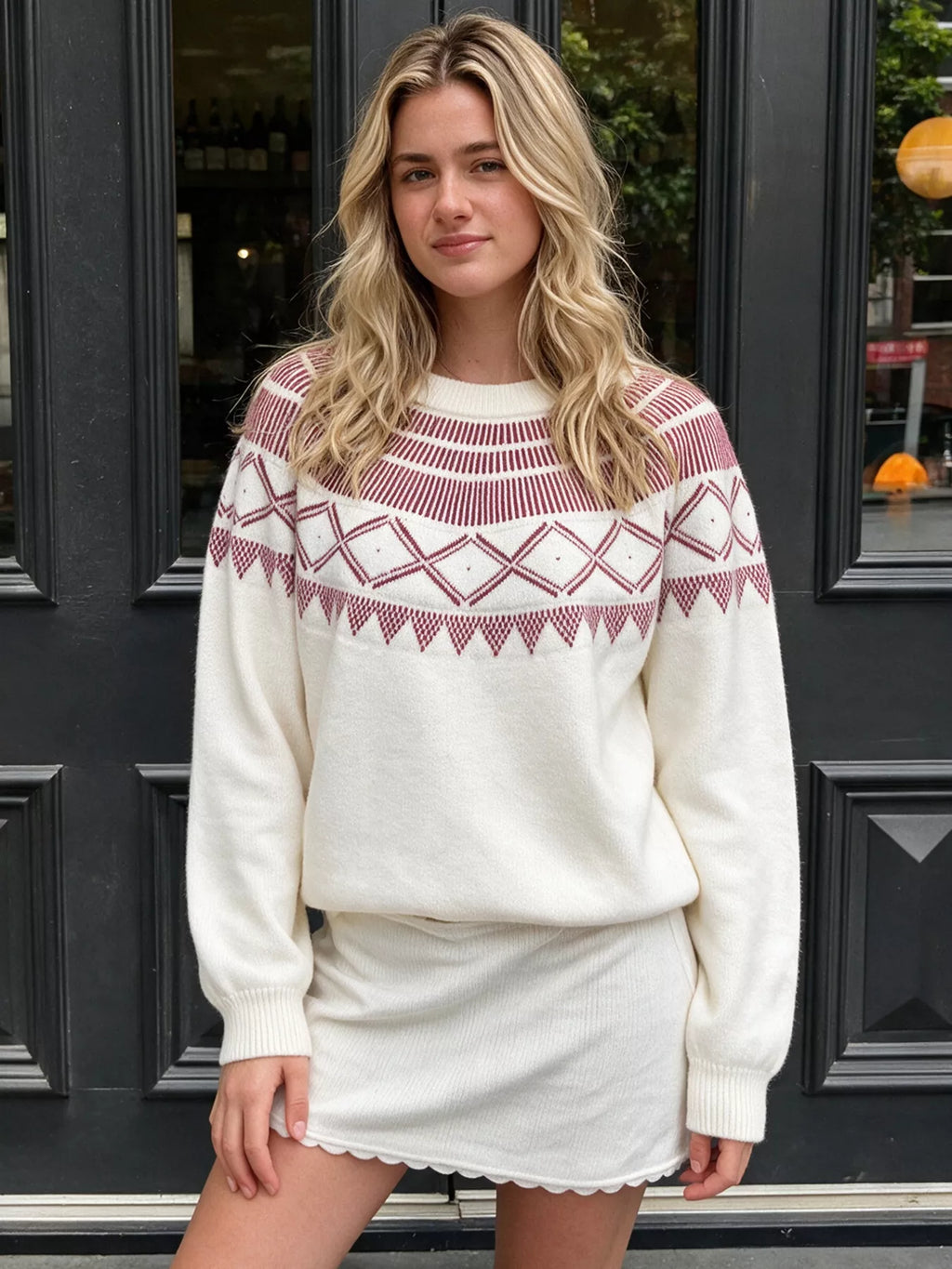 Geometric Crew Neck Knit Sweater