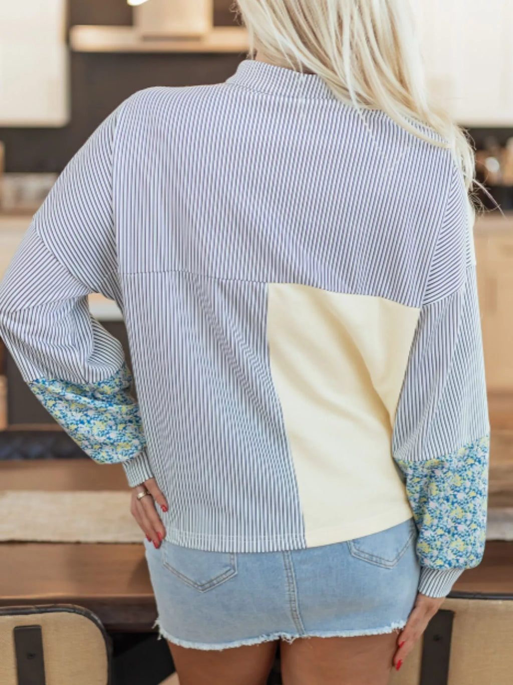 Floral Striped Drop Sleeve Collared Boxy Fit Sweatshirt