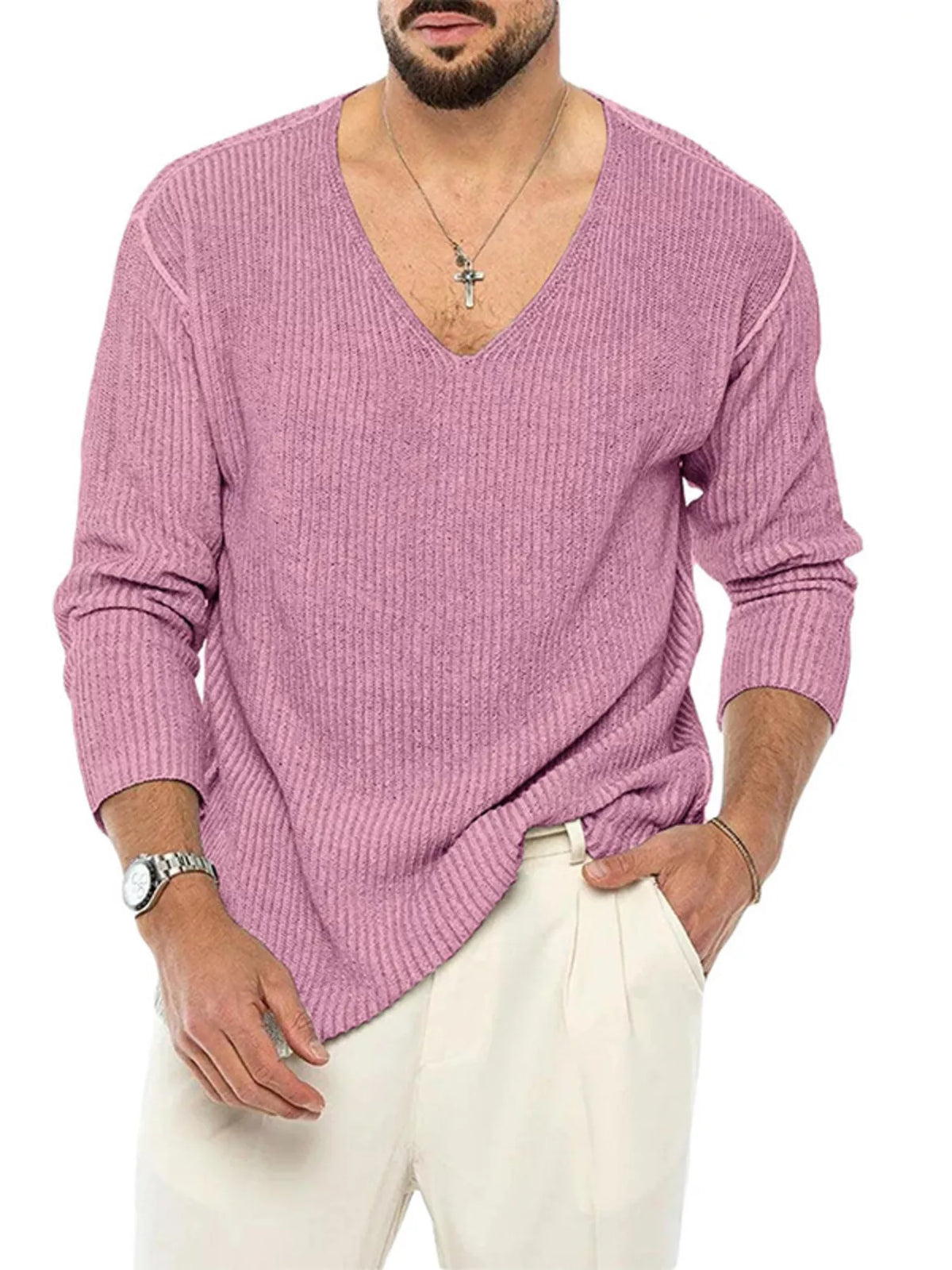Men's Casual V-Neck Ribbed Knit Sweater