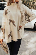 Animal Pattern Mock Neck Long Sleeve Sweater with Side Slits