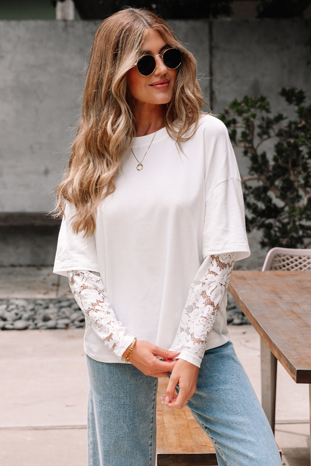 Lace Insert Long Sleeve Drop Shoulder Tee