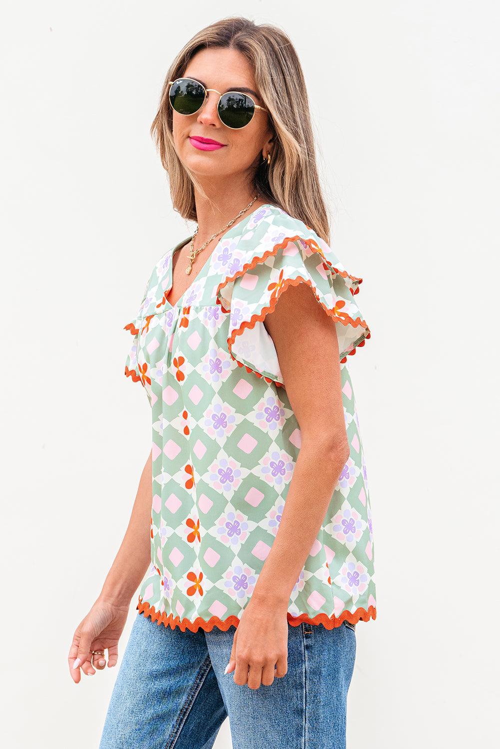 Green Geometric Floral Print Layered Flutter Sleeve V Neck Ric Rac Trim Blouse