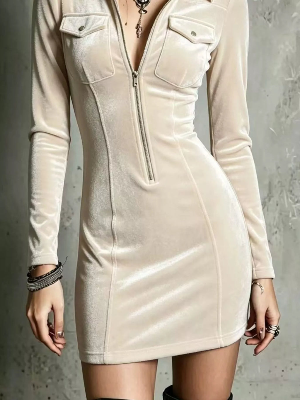 Velvet Zip-Front Utility Bodycon Mini Dress