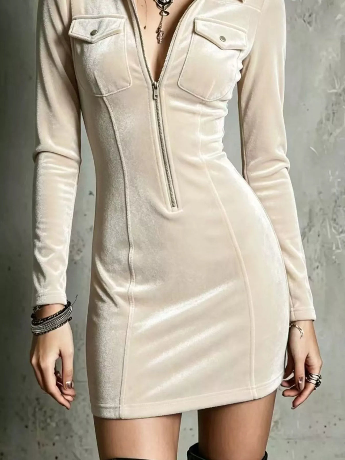 Velvet Zip-Front Utility Bodycon Mini Dress