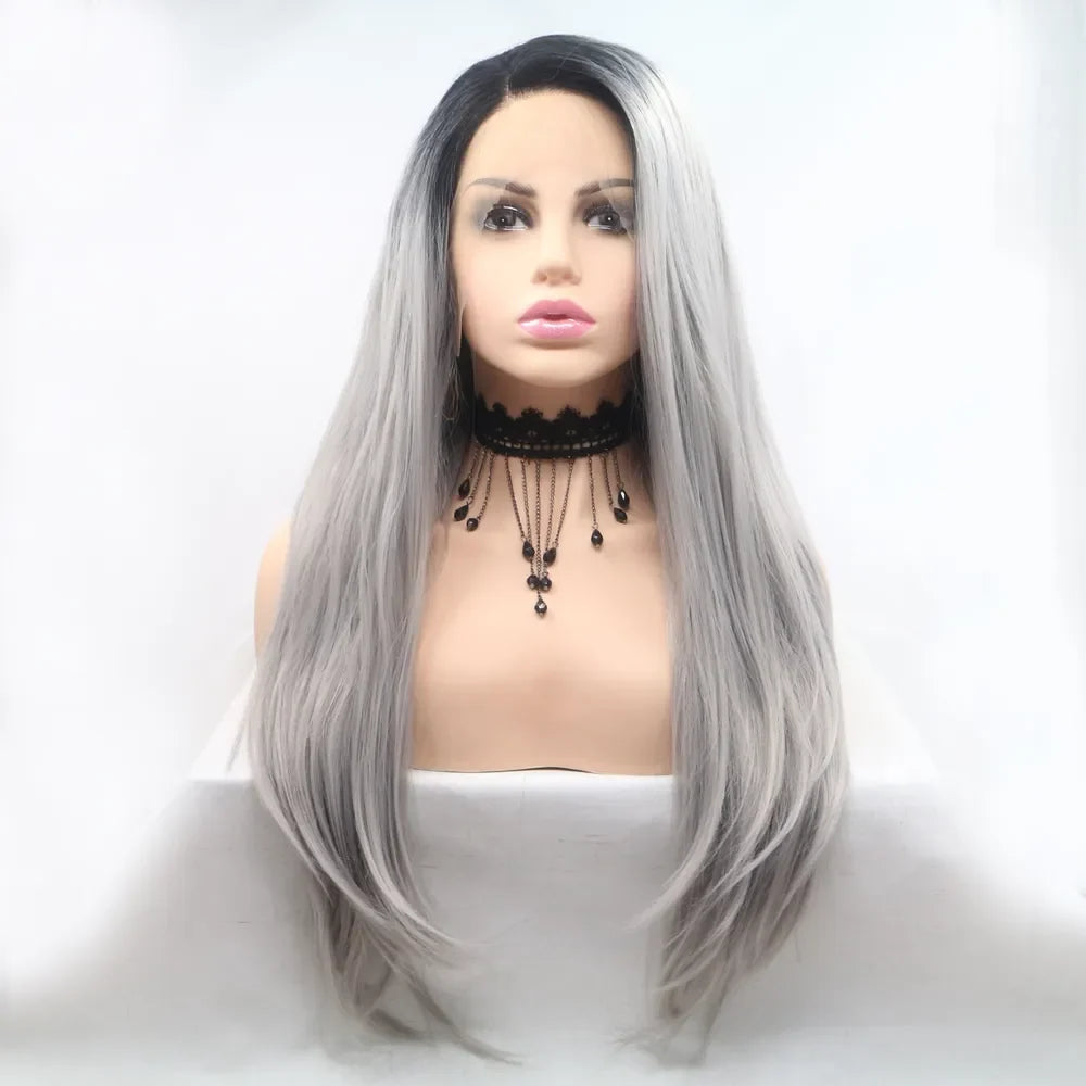 24-Inch Lace Front Synthetic Wig, Long Straight Silver Ombre
