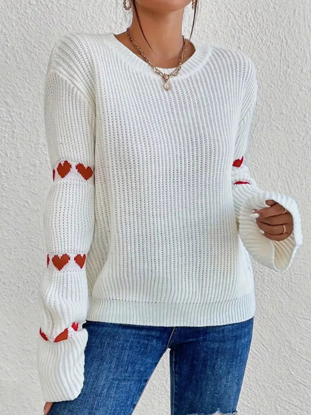 Heart Pattern Dropped Shoulder Sweater