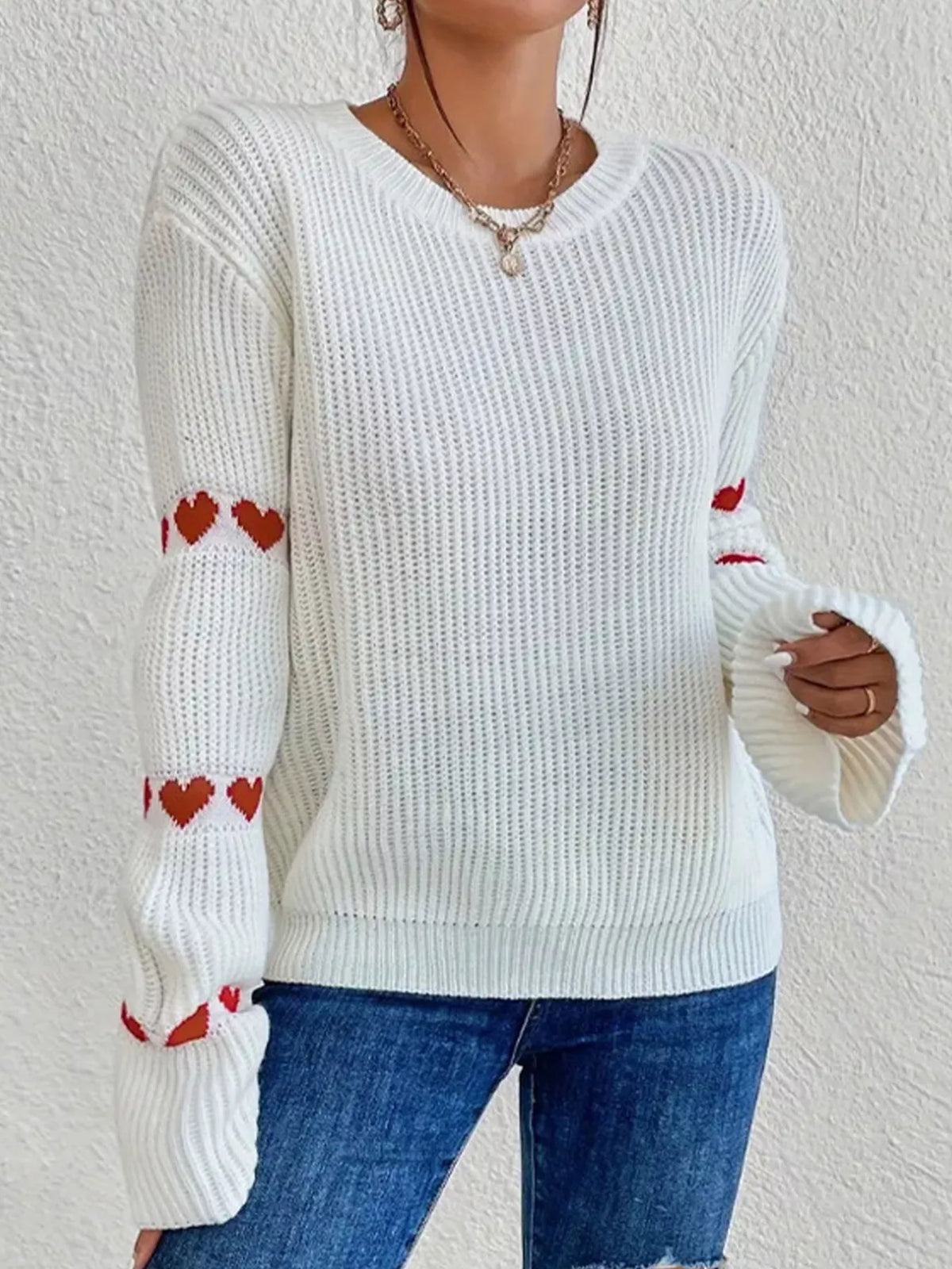 Heart Pattern Dropped Shoulder Sweater