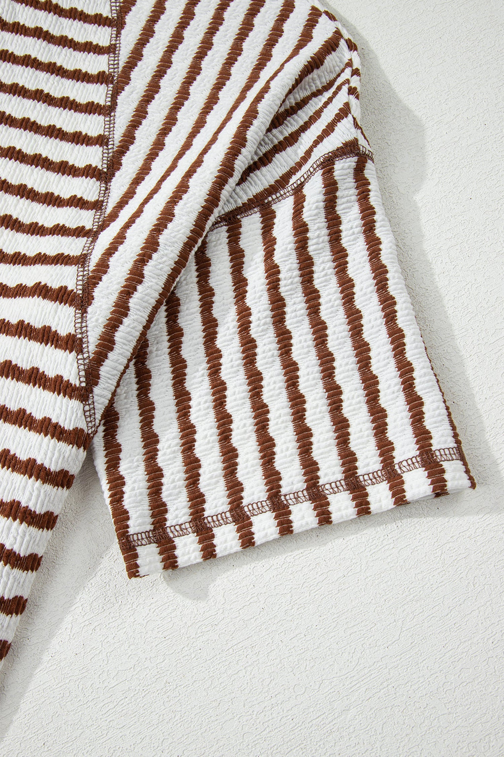 Brown Stripe Textured Knit Split Hem Half Sleeve Loose Top