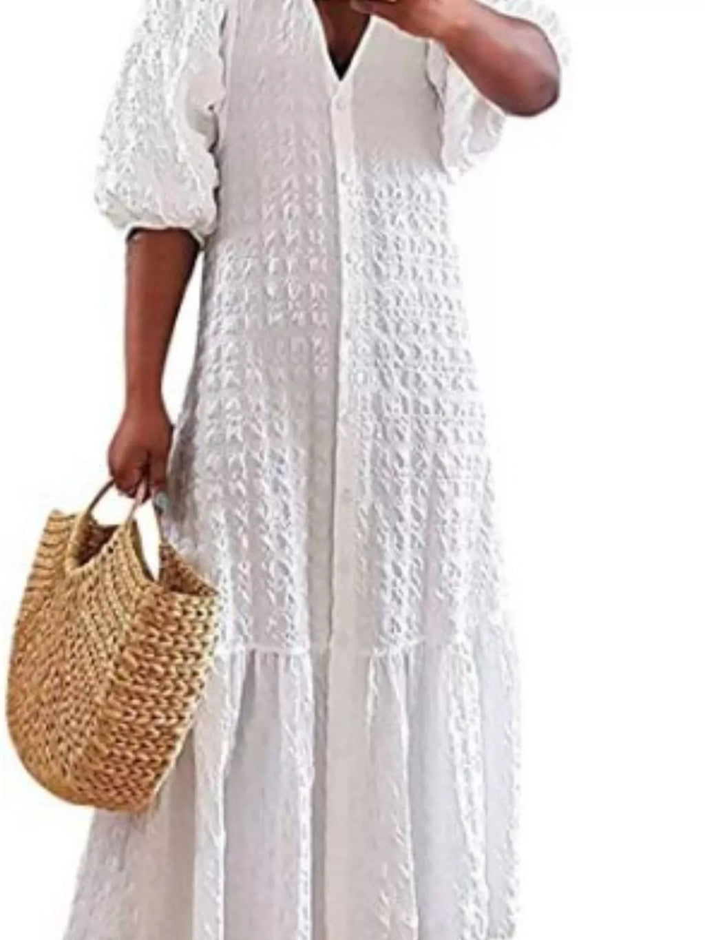 Full Size Elegant Puff Sleeve Textured Maxi Dress Plus Size