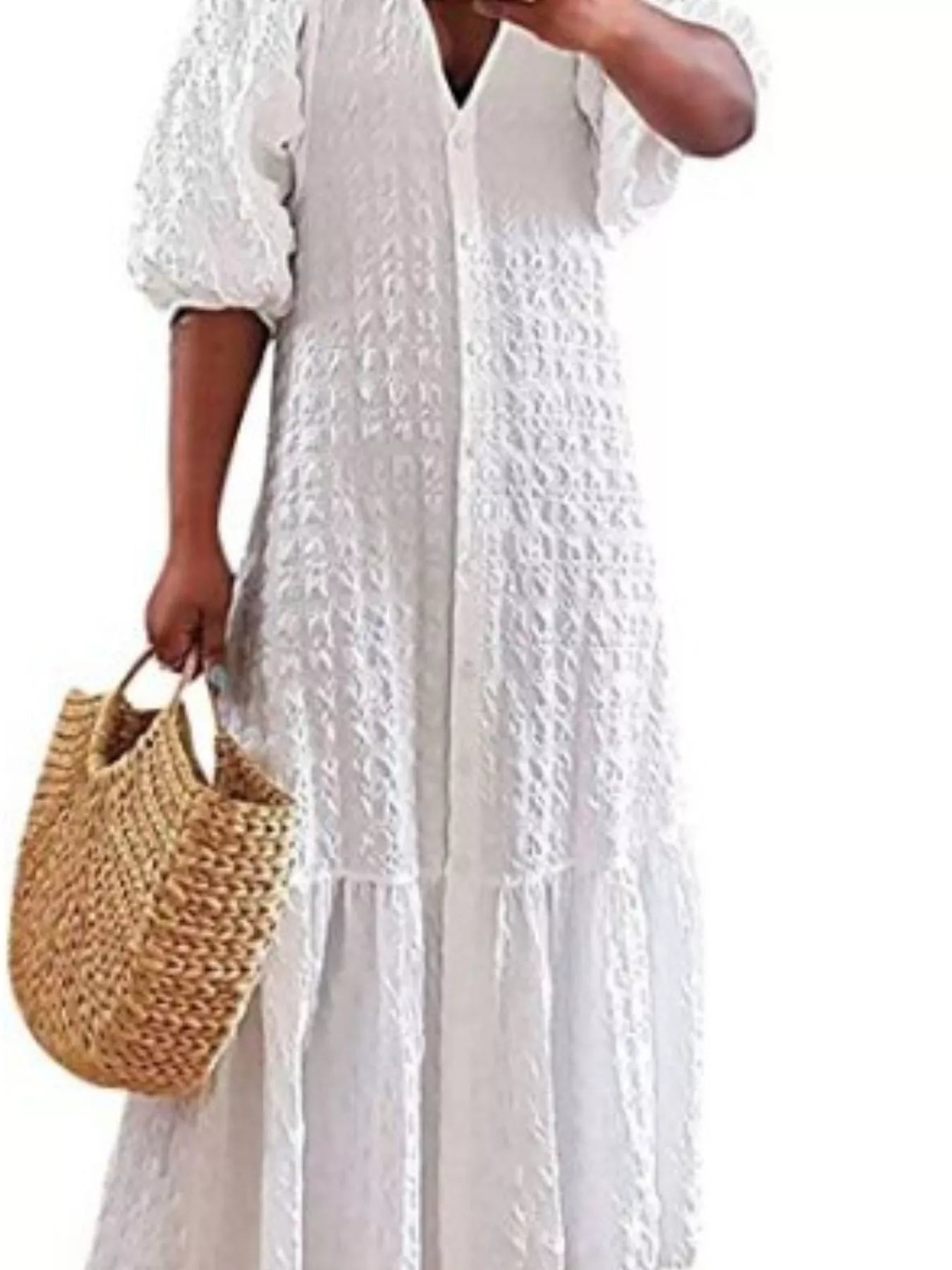 Full Size Elegant Puff Sleeve Textured Maxi Dress Plus Size