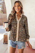 Khaki Contrast Striped Trim V Neck Leopard Shirt