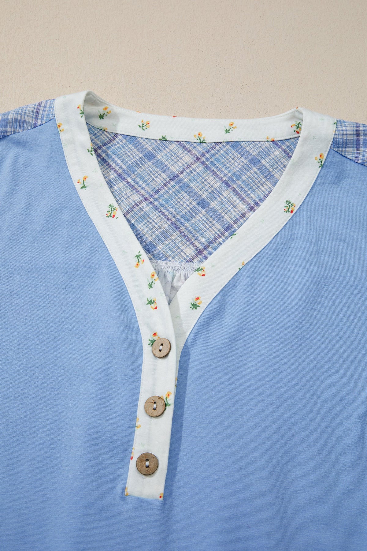 Colorblock Plaid Patchwork Bubble Sleeve Blouse