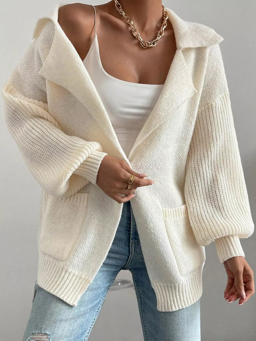 Solid Color Knit Lapel Collar Single Button Sweater Cardigan