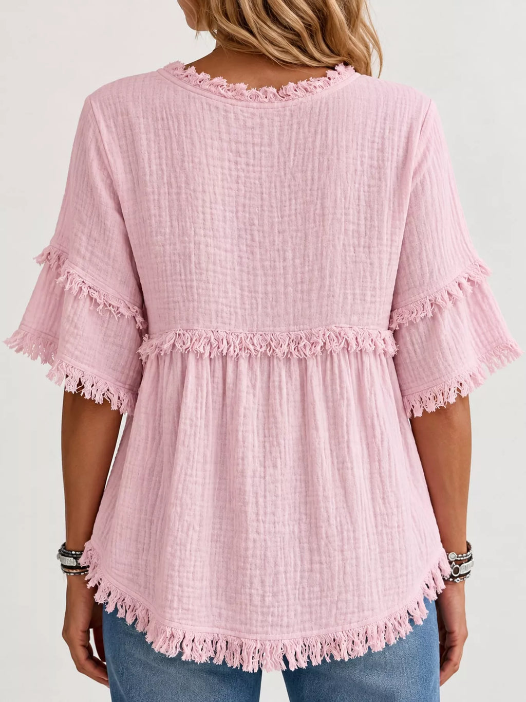 Full Size Frayed Edge Textured Blouse Plus Size