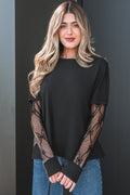 Black Solid Color Bow Textured Patchwork Long Sleeve Tee