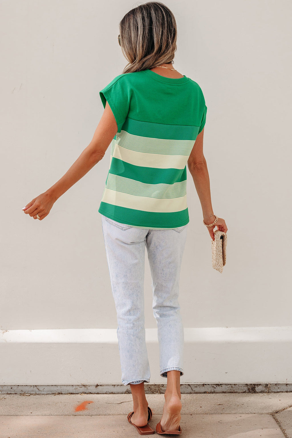Green Stripe Mixed Print Crew Neck Cap Sleeve T Shirt