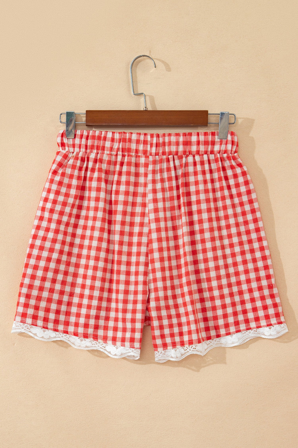 Red Gingham Plaid Tie Elastic Waist Lace Patchwork Hem Casual Shorts