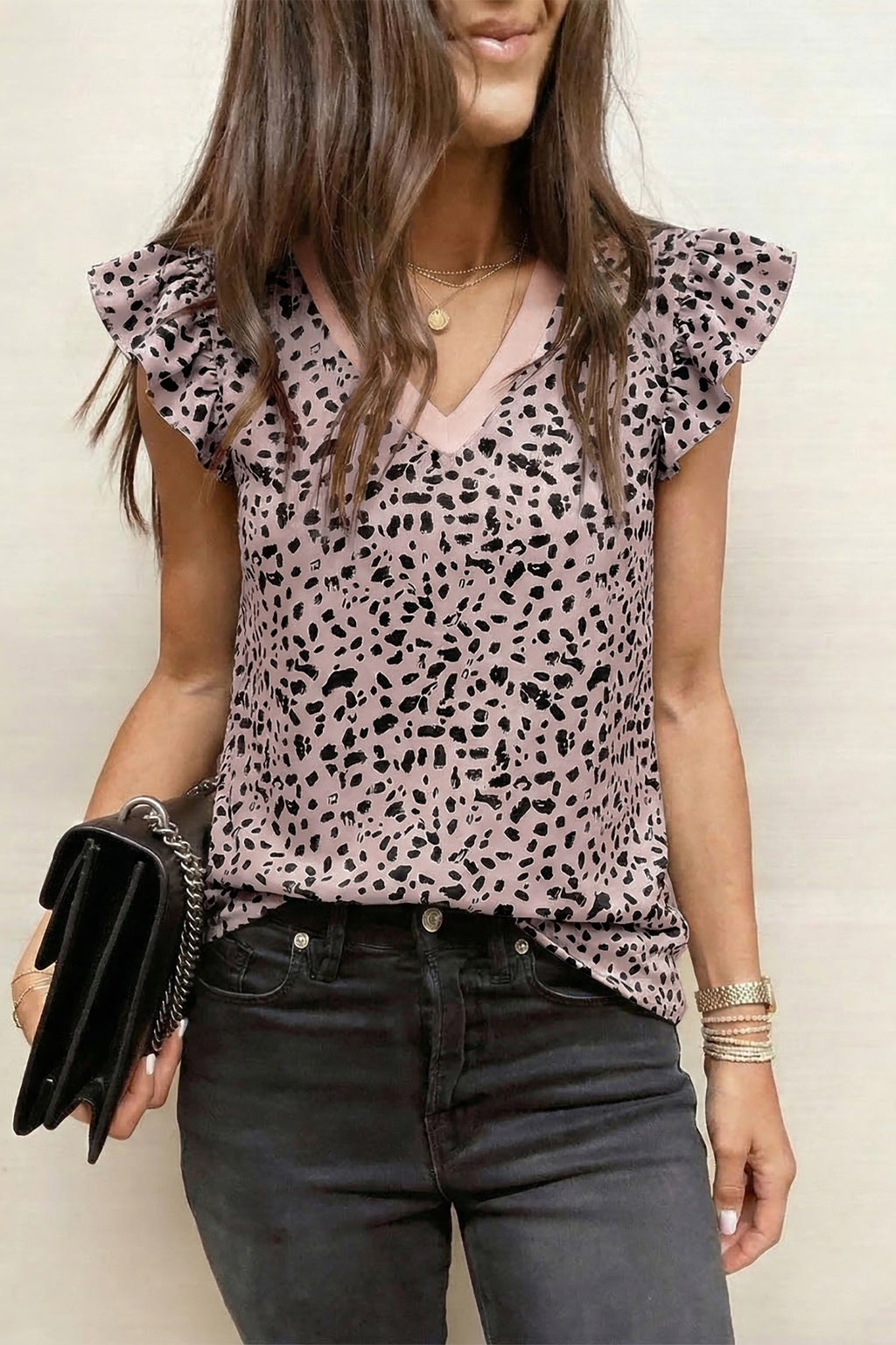 Black Cheetah Print V Neck Ruffle Trim Loose Tank Top