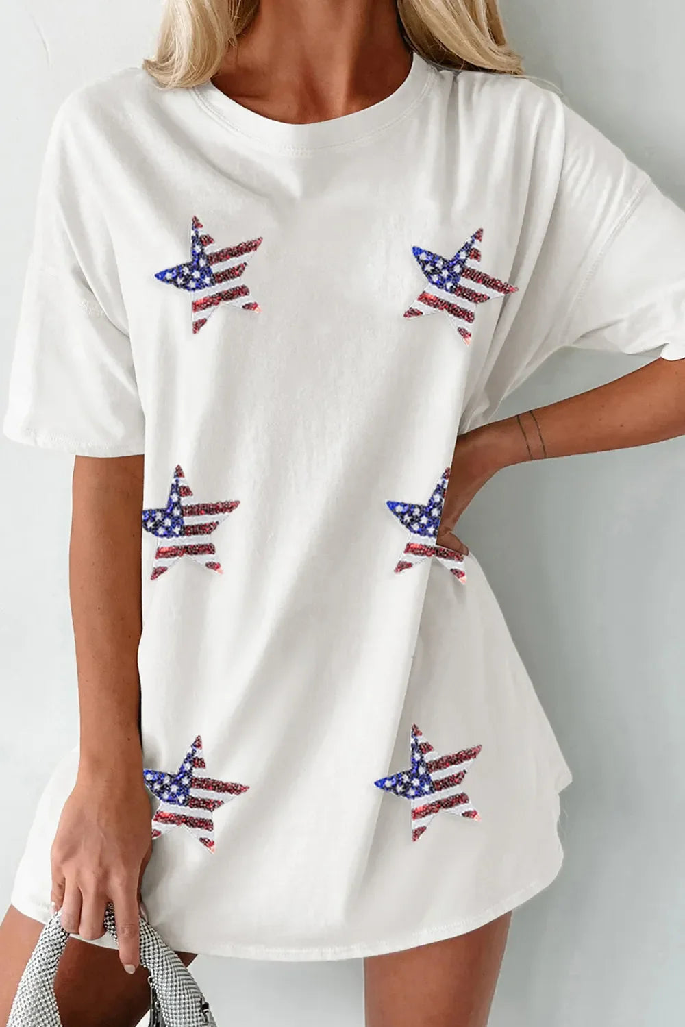 US Flag Star Sequin Oversize Round Neck T-Shirt
