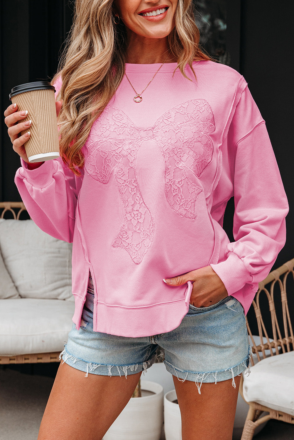 Bow Tie Lace Embroidered Reverse Seam Sweatshirt