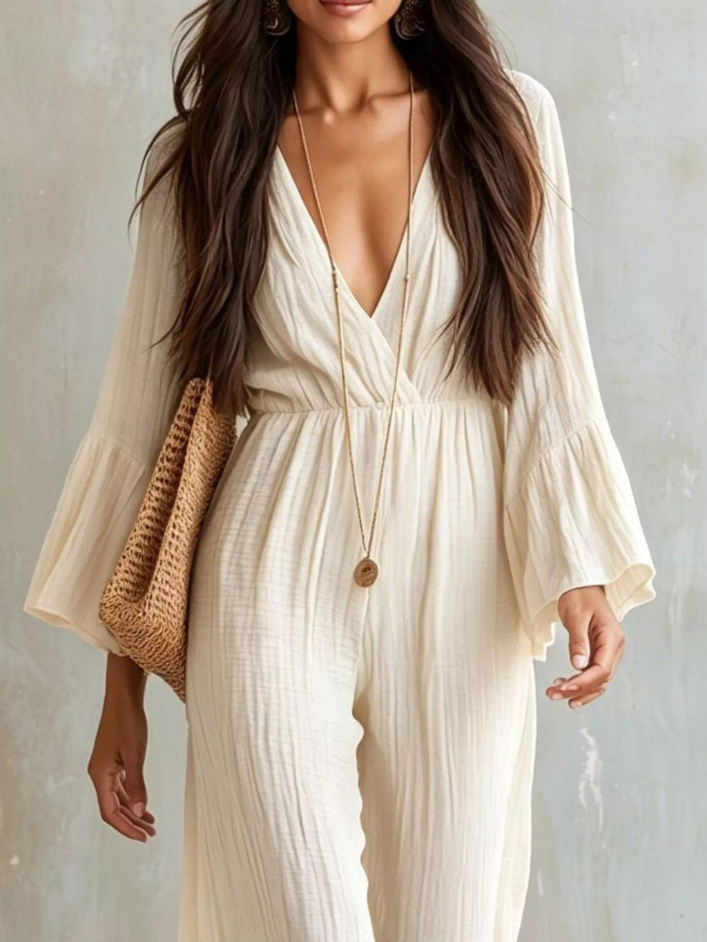 Textured Flare Sleeve Jumpsuit