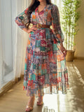 Printed Surplice Long Sleeve Maxi Dress