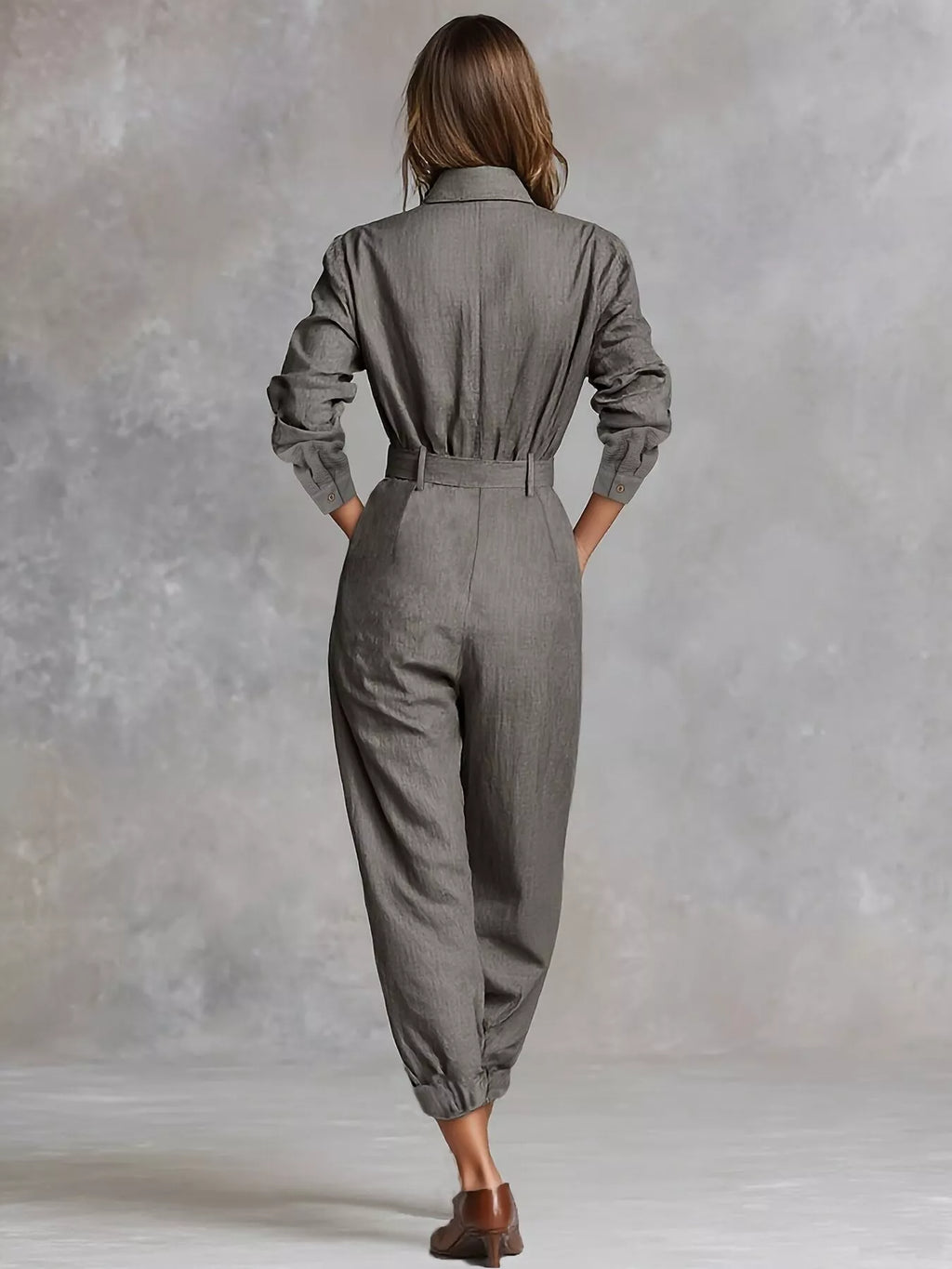 Button Front Long-Sleeve Jumpsuit
