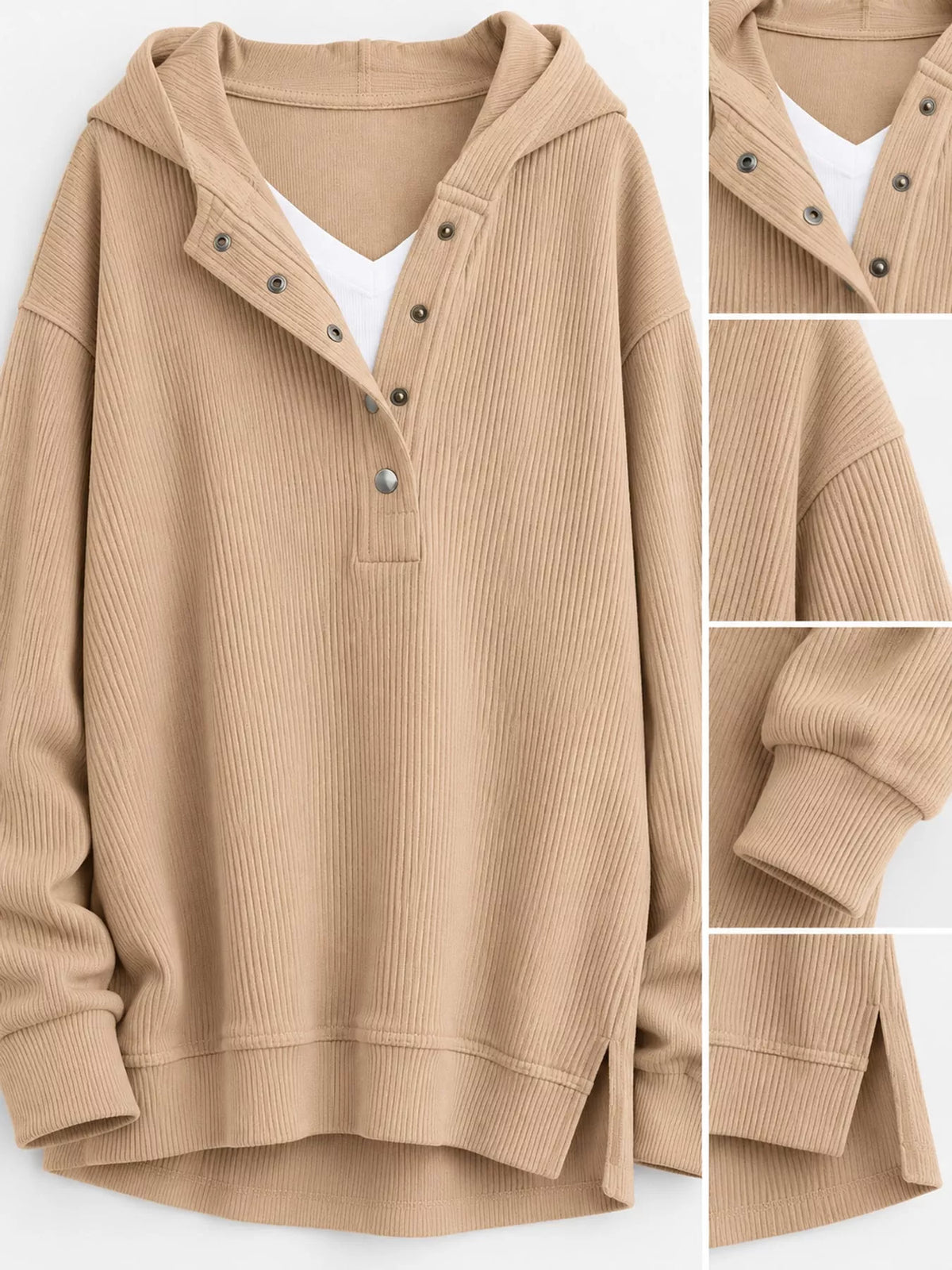 Full Size Snap Button Placket Dropped Shoulder Hoodie Plus Size