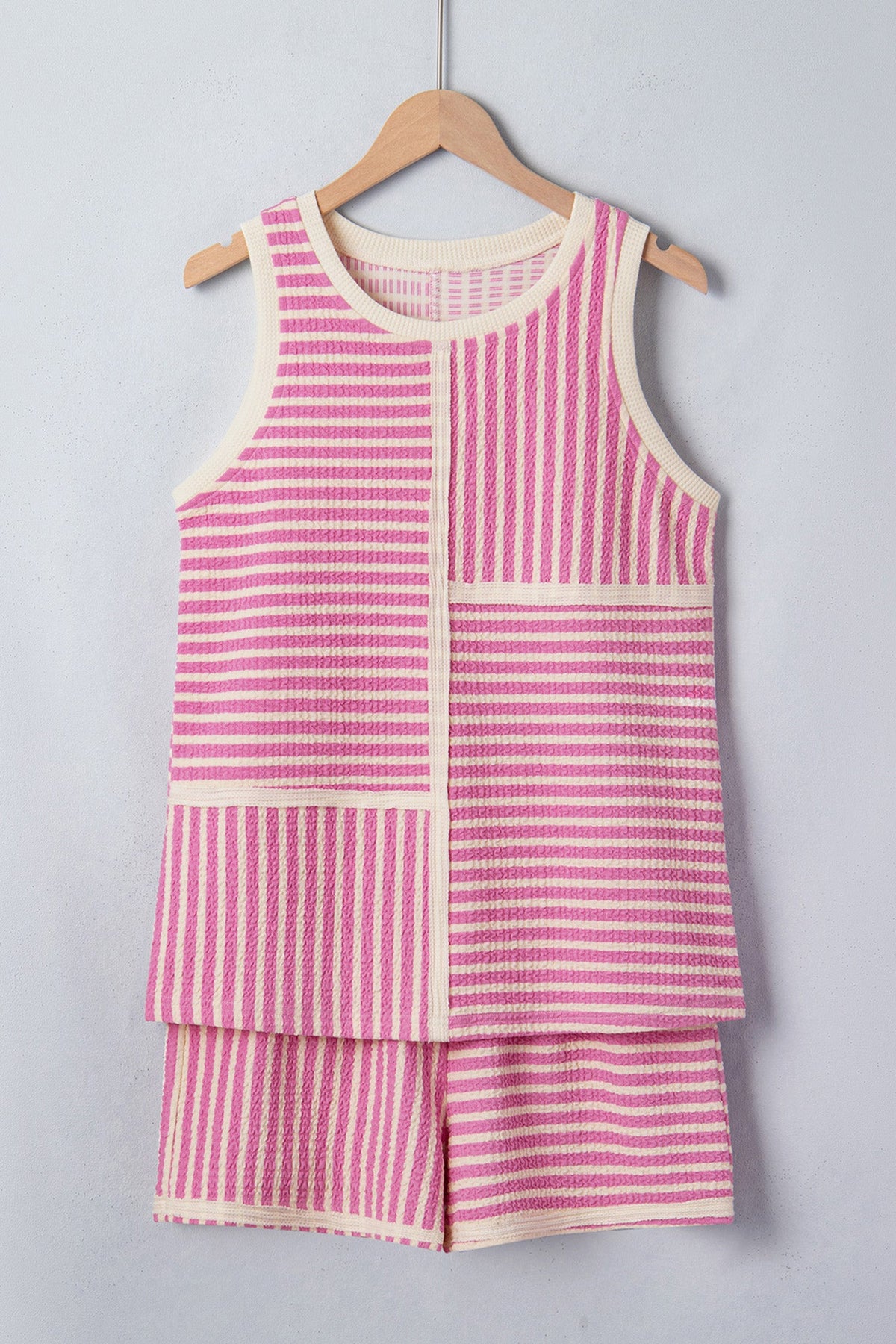 Stripe Contrast Trim Textured Tank & Shorts Set