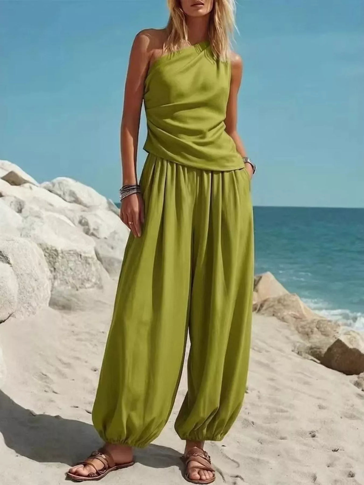 Full Size One-Shoulder Sleeveless Top and Harem Pants Set Plus Size