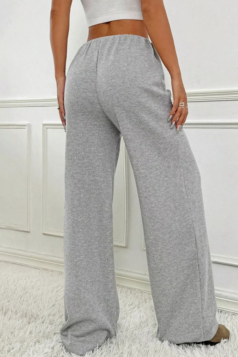 Ribbed Knit Drawstring Wide Leg Pants