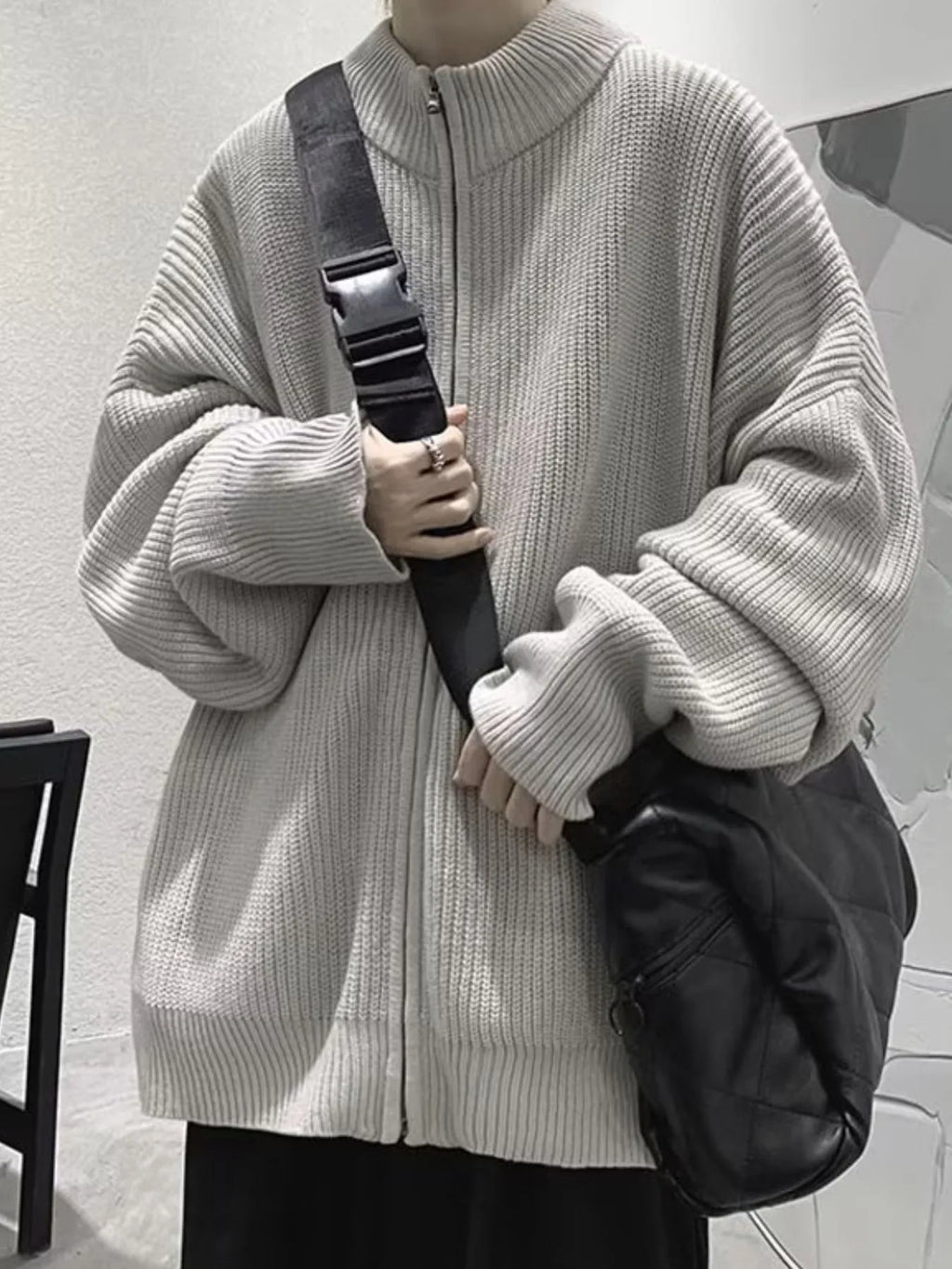 Men's Oversized Ribbed Zip-Up Sweater Cardigan
