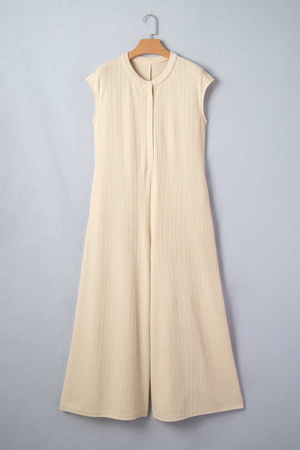 Ribbed Knit Half Buttoned Wide Leg Jumpsuit