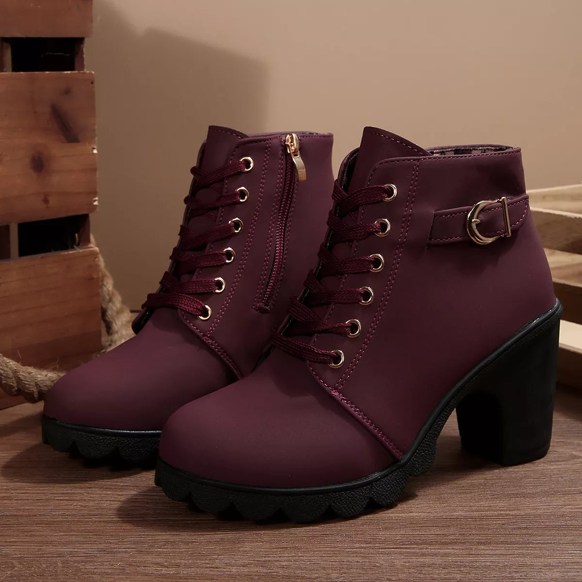 Lace Up Block Heels Boots