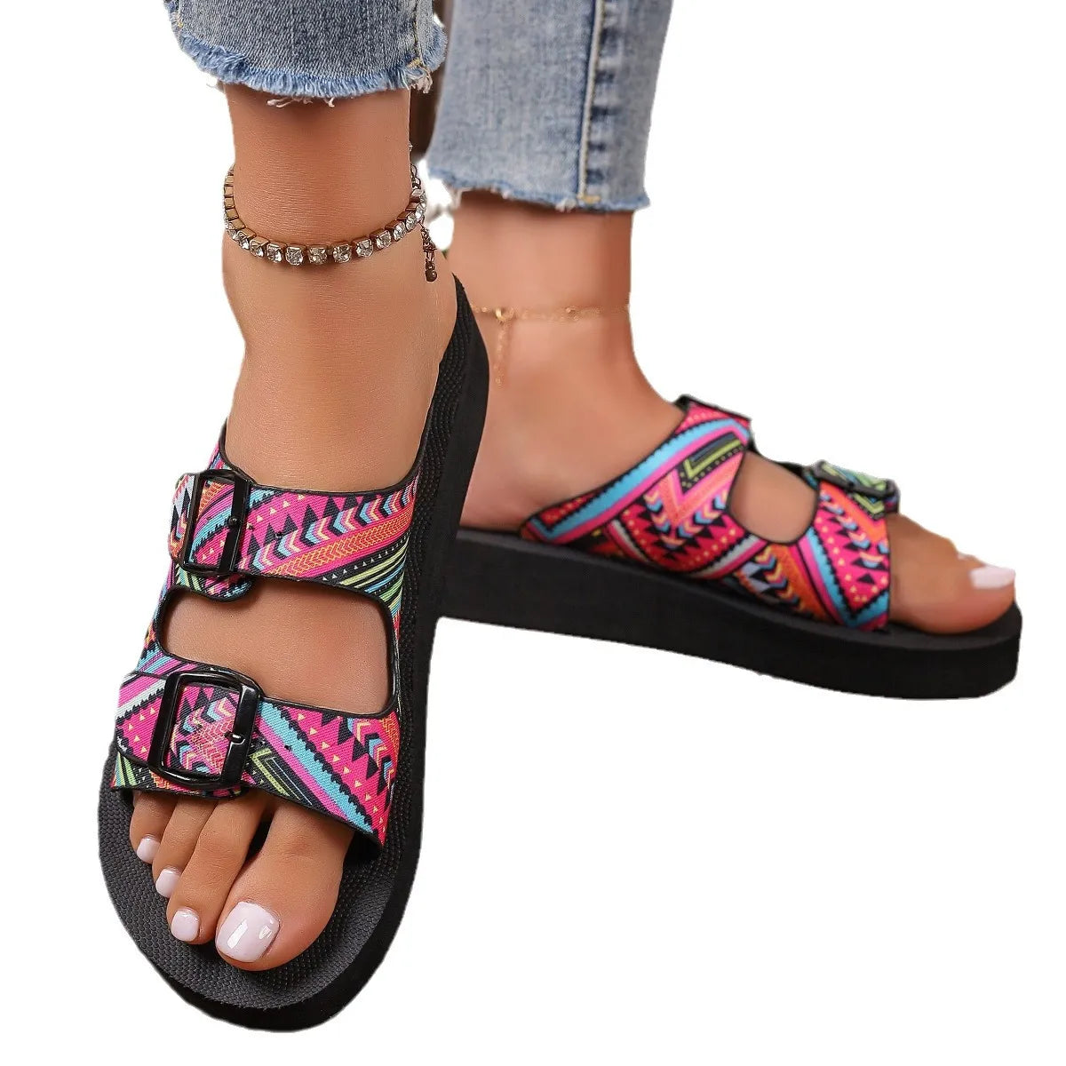 Ethnic Print Double Buckle Sandals
