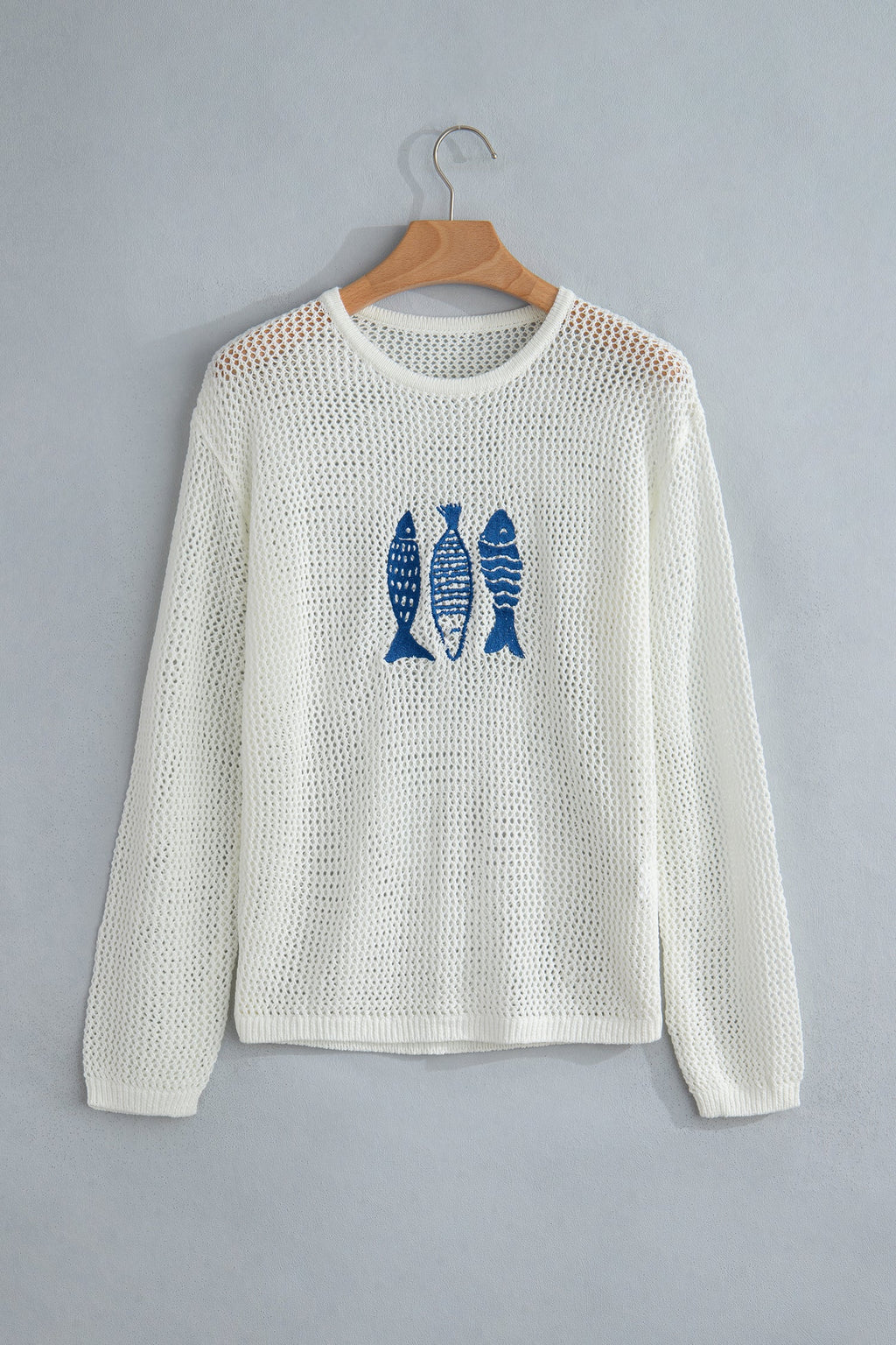 White Open Knit Fish Embroidered Casual Sweater